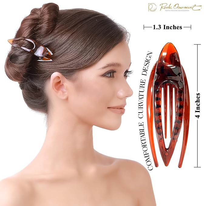RC ROCHE 2 Pcs Flat Hair Clips Big Claw for Thick Hair French Duckbill Women No Slip Side Slide Curved Alligator Concord Strong Grip Hold Volume Lay Down Clamp, Medium Black & Brown