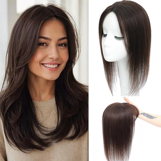 Hair Toppers for Women Real Human Hair, 360°3D Topper for Women with Thinning Crown Middle Clip in Bangs Breathable Hand Tied Craft Big Coverage Hairpieces (Dark Brown（Big Coverage）, 14 Inch-S)