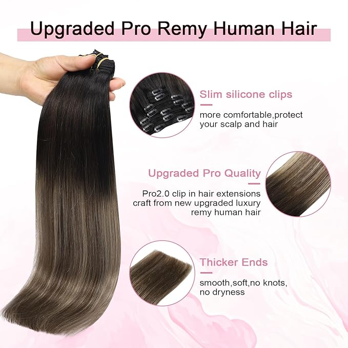 Pro2.0 Clip in Hair Extensions Real Human Hair 22inch 7pcs #1b/4/27 Natural Black to Chocolate Brown and Caramel Blonde Real Hair Extensions Clip in Human Hair 120g Thick（#1b/4/27-22inch）