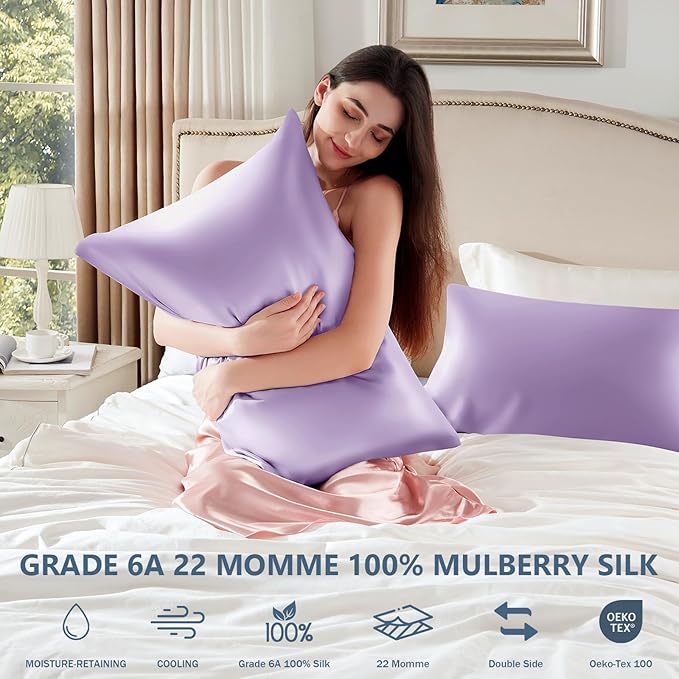 Silk Pillow Cases King Size 100% Mulberry Silk Pillowcase for Hair & Skin 22 Momme Both Sided Grade 6A Silk Cooling Soft Breathable 20 x 36 Inches with Hidden Zipper 1PC, Lavender