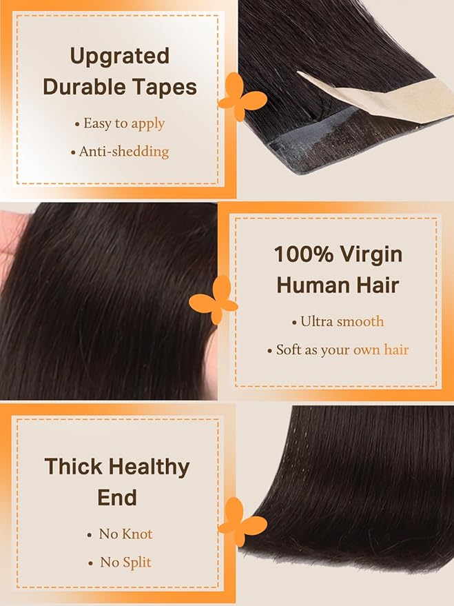 DOORES 50g Tape in Hair Extensions Remy Dark Brown Real Human Hair Extensions Tape in Straight Skin Weft Natural Hair Extensions 20pcs 14 Inch