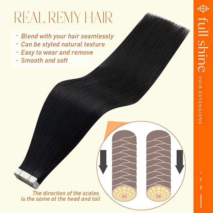 Full Shine Tape in Hair Extensions Human Hair Color 1 Jet Black Tape in Extensions Real Human Hair Skin Weft Tape in Extensions 14 Inch Invisible Soft Remy Straight 40 Pcs 100 Gram for Daily Wear