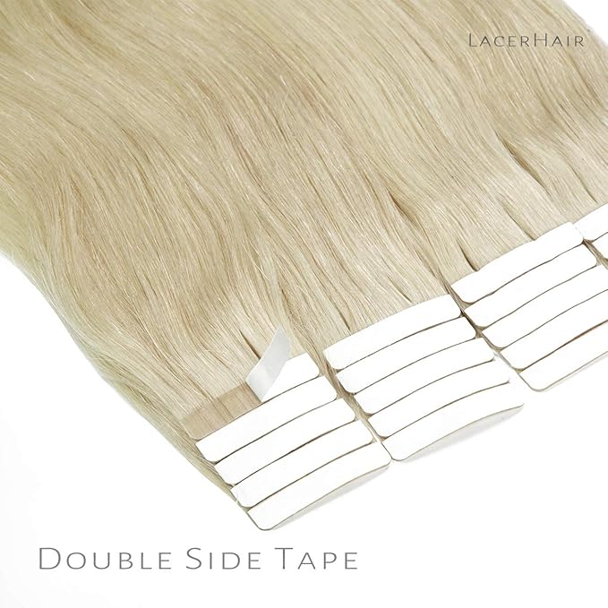 Lacer Blonde Tape in Hair Extensions Human Hair Natural Light Platinum Blonde Seamless Tape in Extensions Double Sided PU Skin Weft 50g 20pcs/set 22 Inch