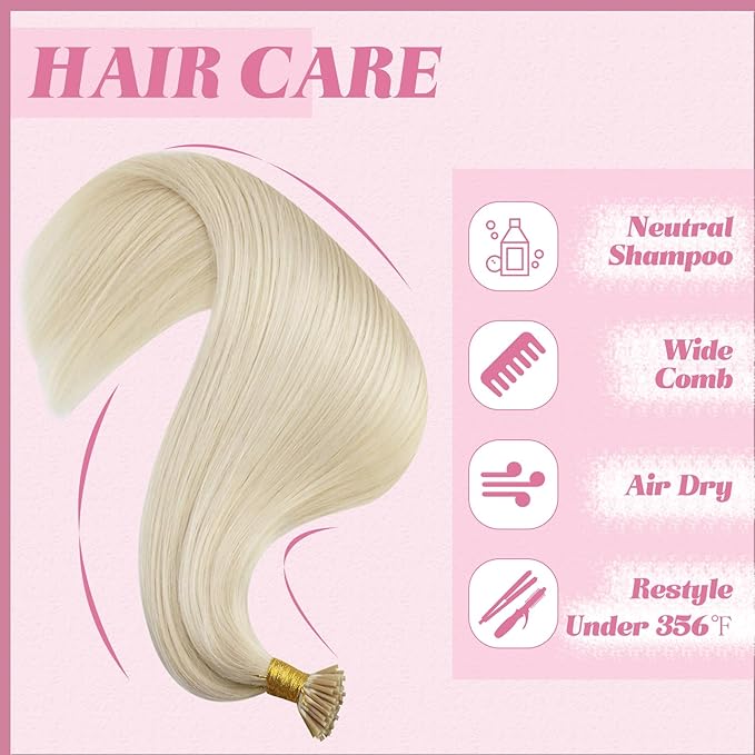 YoungSee I Tip Hair Extensions Human Hair Blonde Itip Hair Extensions Platinum Blonde 20 Inch 50s 50g Invisible I-Tip Extensions Add Length and Volume