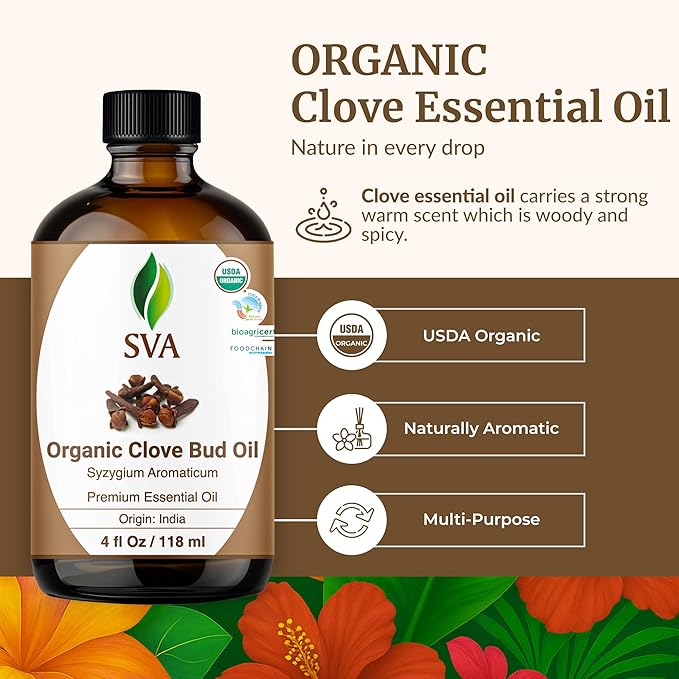 SVA Clove Essential Oil Organic – 4 Fl Oz – 100% Natural Organic Clove Oil - for Diffuser, Hair Care, Face, Skin Care, Aromatherapy, Scalp and Body Massage, Soap and Candle Making - with Dropper