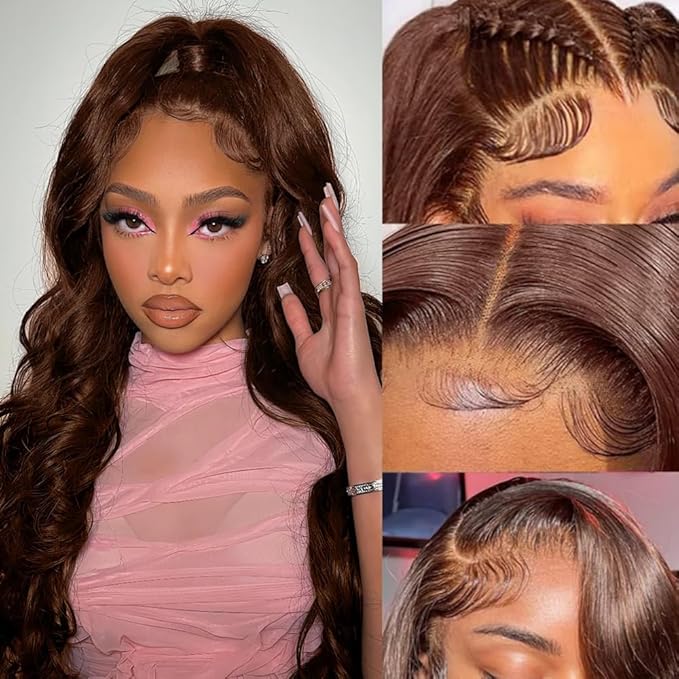 abbildung 34inch Chocolate Brown Lace Front Wig Human Hair 13x6 HD Transparent Body Wave Lace Front Wigs Human Hair Pre Plucked Glueless Frontal Brown Wig Human Hair 180% Density #