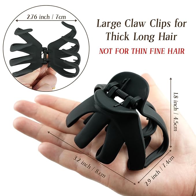 Big Claw Large Hair Claw Clips for Thick and All Hair Types, Matte Octopus Jaw Clips with Strong Hold for Women and Girls, 6 Packs (Black)