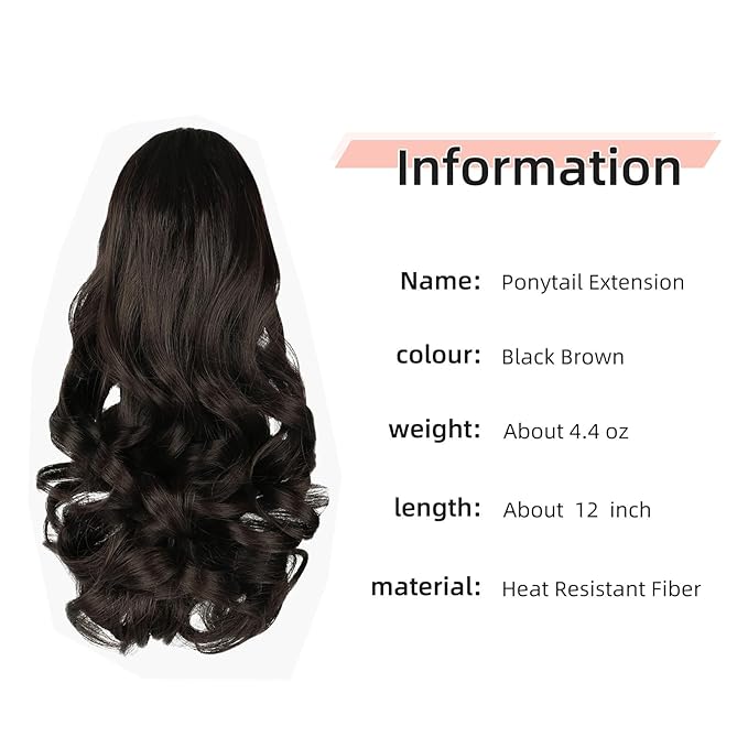 Ponytail Extension, Clip on Ponytails for Women, 12" Claw Clip in Short Curly Wavy Pony Hair Extension for Women - Darkest Brown