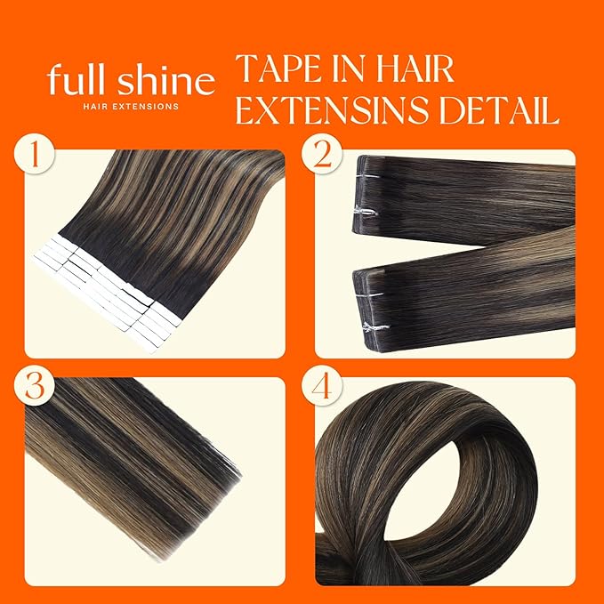 Full Shine Tape in Hair Extensions Human Hair 16 Inch Color Brown Ombre with Shadow Roots 2/8/2 Invisible Tape in Extensions Double Sided Machine Remy Hair Extension Tape ins 20Pcs 50Grams for Women