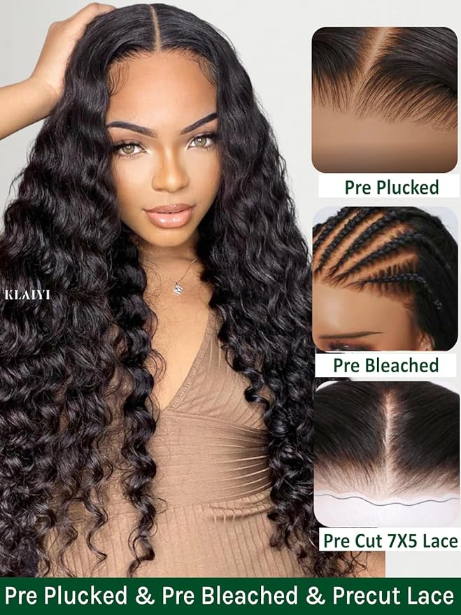 KLAIYI Water Wave Bye Bye Knots Glueless Wig Human Hair 7x5Precut Lace Front Pre Plucked Bleached Wear and Go Wig with Curly Baby Hair Drawstring 3S Ready to Go Pre Everything Beginner Friendly 20Inch