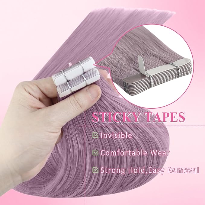 YoungSee Purple Tape in Human Hair Extensions Lavender Human Hair Tape in Extensions Light Purple Tape Extension Remy Hair 16In 10pcs Invisible Tape-ins Extension Colorful 25g For Diy