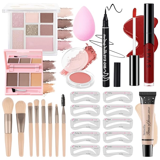 Makeup Kit for Teens Girls, Makeup Present Set for Women, Makeup Full Kit for Beginners, Mini Makeup Bundle Include 7 Pink colors Matte & Shimmer Pigmented Eyeshadow Palette, Eyebrow Powder