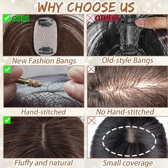 Amchoice Hair Toppers for Women Real Human Hair, Bangs Hair Clip 360° 3D Cover Bangs, Human Hair Toppers for Women Daily(Gray, 3D French Bangs (5 * 9))