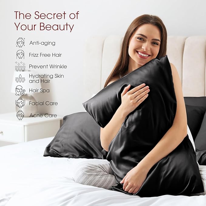 100% Silk Pillow Cases 2 Pack Queen Size Mulberry Silk Pillowcase for Hair and Skin Set of 2 Highest Grade 6A Silk Soft Breathable Cooling with Hidden Zipper, Black