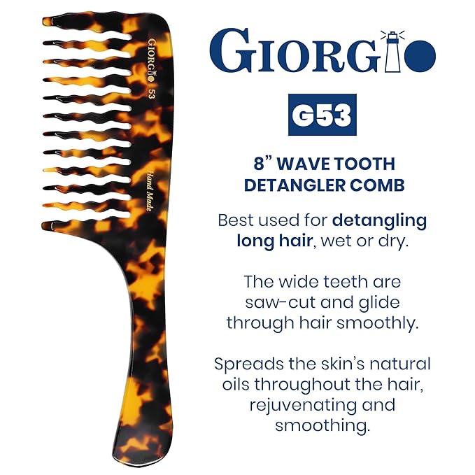 Giorgio G53 Wide Tooth Comb for Curly, Thick Hair - Handmade Rake Detangler for Wet or Dry Hair, Saw-Cut and Hand Polished (8")