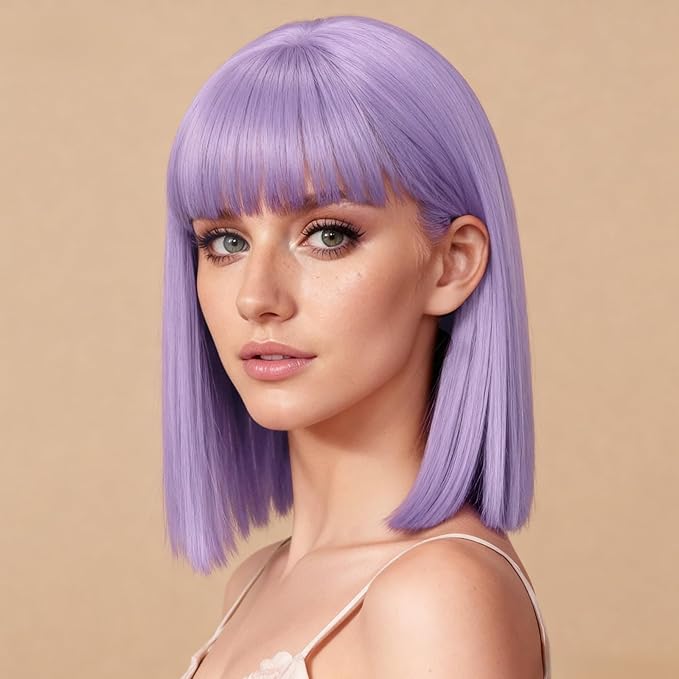 Allbell Light Purple Wigs for Women Short Bob with Bangs Heat Resistant Synthetic Hair 12 inch for Daily Party Halloween Costume Use