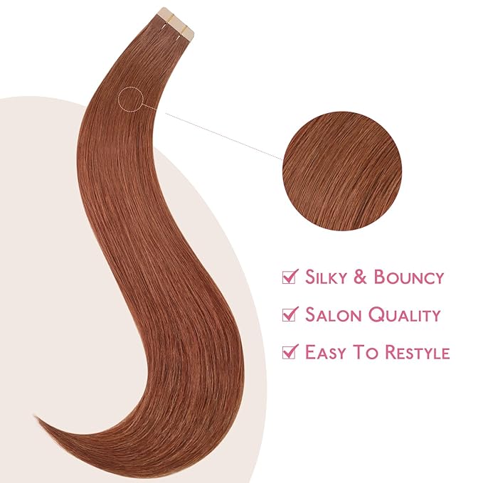 Wennalife Human Hair Dark Auburn Copper Extensions, 10pcs 25g 16 inch Remy Invisible Tape 25g, Straight Colored Soft Real Human Hair Refill Set