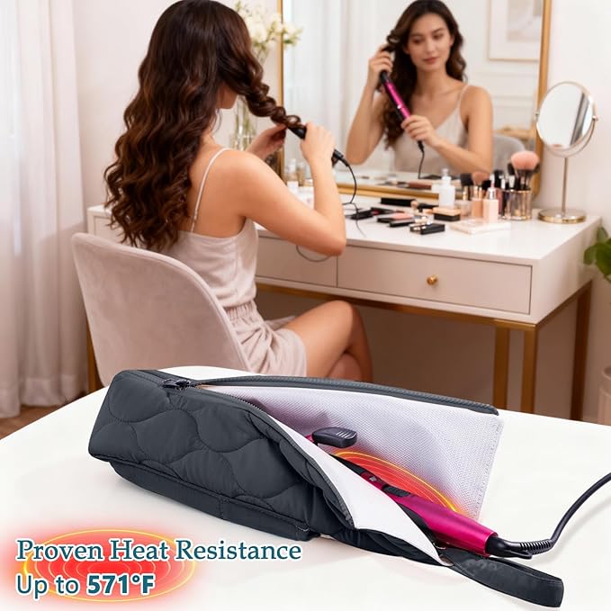 Heat Resistant Hair Tool Organizer Bag with Hanging Loop, Portable Travel Case for Flat Irons, Curling Irons, Hair Straighteners & Hot Styling Tools, 13.5" Heat-Proof Storage Cover with 2 Pockets