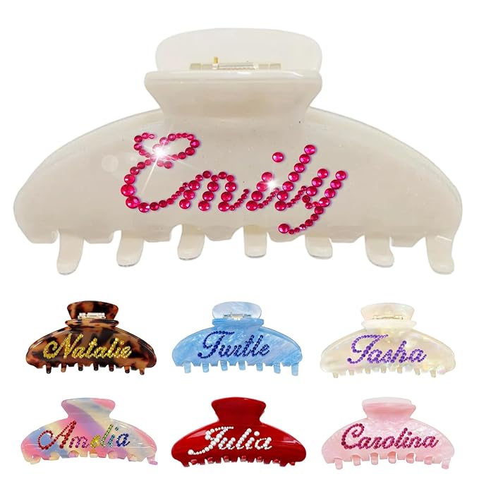 Personalized Colorful Name Hair Claw Clips for Women,Custom Hair Clips with Diamond,Cute Hair Accessories 4",Handmade Rhinestones Hair Clamp Gifts for Mom,Bride,Wife,Bridesmaid（Jelly White Glitter）