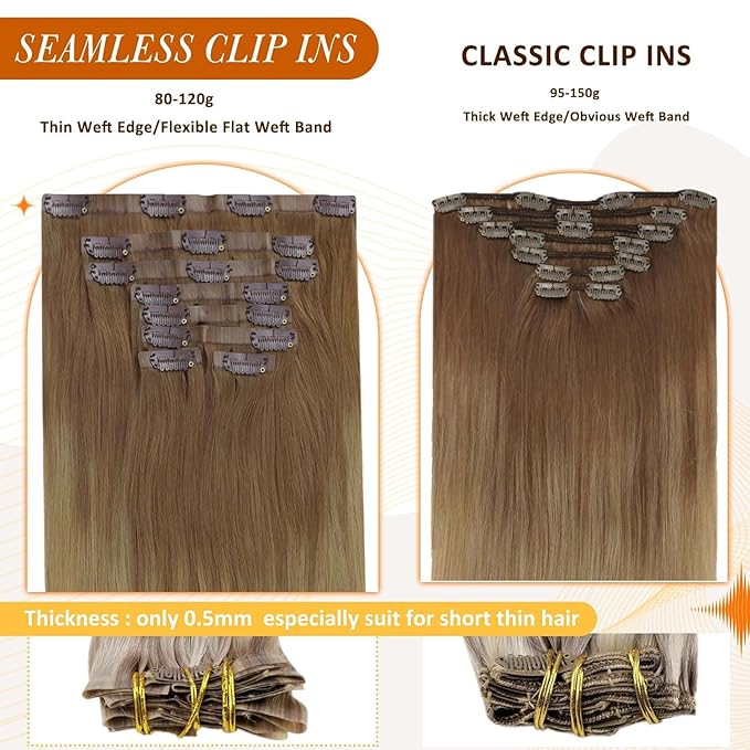 Full Shine Human Hair Clip in Extensions 16 Inch Clip in Hair Extensions Light Brown to Ash Blonde Real Hair Ombre Seamless Hair Extension with PU Skin Weft Softness 8 PCS 120 G