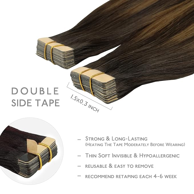 WENNALIFE Tape in Hair Extensions Human Hair, 20pcs 24 inch 50g Balayage Dark Brown Mixed Chestnut Brown Remy Tape Hair Extensions Real
