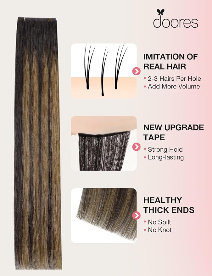 DOORES Invisi Edge Tape in Wide Hair Extensions Human Hair, Dark Brown to Chestnut Brown 4PCS Injection Tape ins 20g 22 Inch, Virgin Human 3 Inch Wide Injected Extensions Invisible