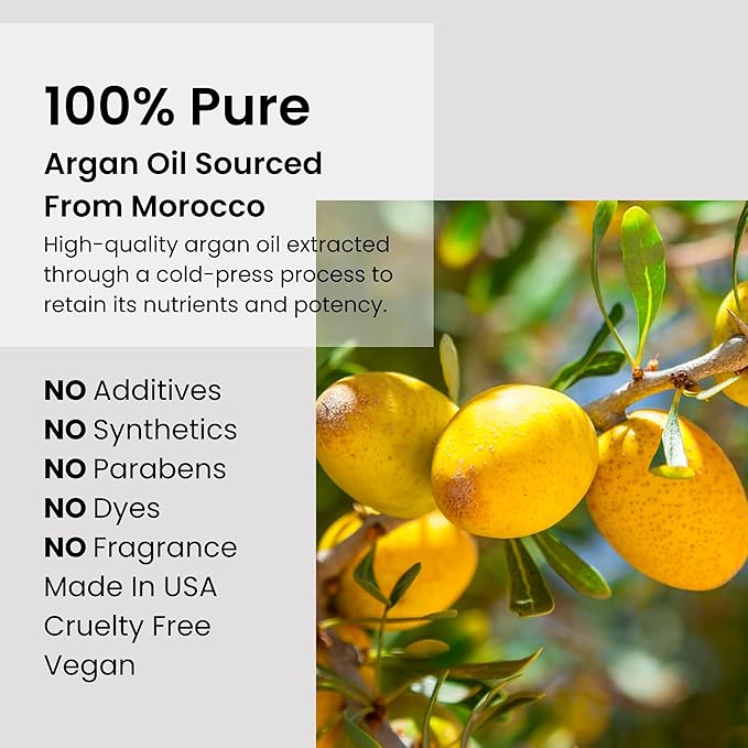 Argan Oil 100% Pure Moroccan Cold-Pressed Face, Body and Hair Lightweight Oil for Moisturizing, Hydrating & Skin Nourishment, 1 oz