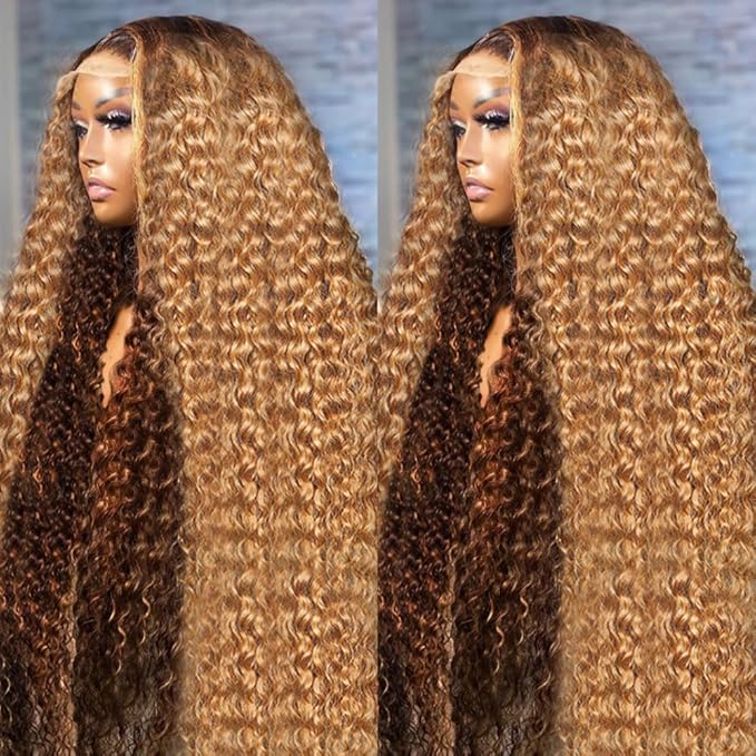 AMIRTY 360 Honey Blonde Water Wave Wig Human Hair 4/27 Highlight Curly Wig Pre Plucked Ombre Lace Front Wig Human Hair Drawstring Wig Human Hair Deep Wave Lace Front Wig Colored Wigs 24Inch