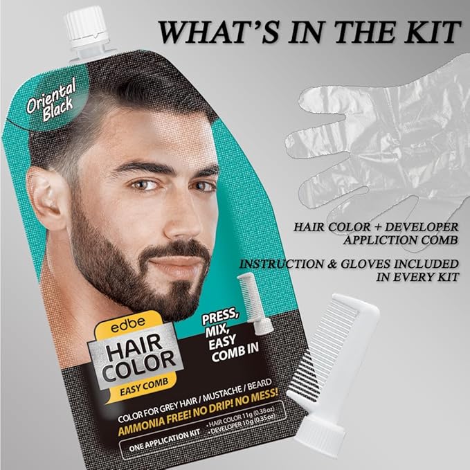 Edbe Hair Color Easy Comb Oriental Black (2 Pack) - Grey Hair Mustache and Beard Coloring for Men with One Application Kit…