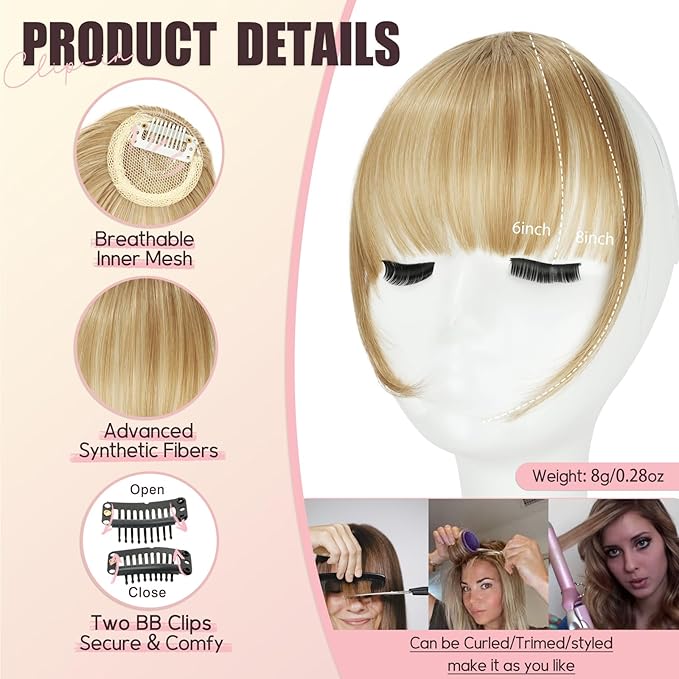 Clip in Bangs, Synthetic Wispy Bangs Hair Clip, Blonde Mix Light Blonde Fake Bangs Fringe with Temples Hairpieces for Women Natural Curved Hair Extensions for Daily Wear