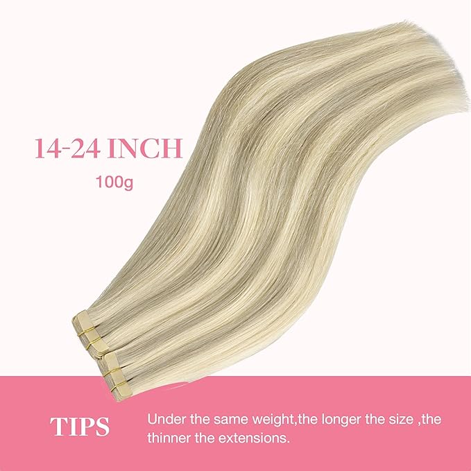 GOO GOO Tape in Hair Extensions Human Hair, 17A/60A Ash Blonde Highlighted Platinum Blonde, 20inch 100g 40pcs, Skin Weft Seamless Invisible, Silky Straight with Thick Ends, Remy Human Hair