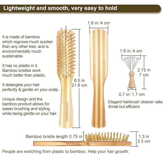Hair Brush Set for Women & Men, Natural Bamboo Bristles Wet Dry Flat Paddle Detangling Bamboo Brushes Fit All Types Hair, Brush Cleaner Tool included - 3 Pack