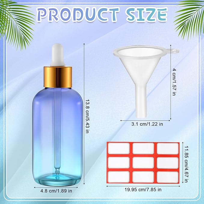 Dandat 50 Pack 4 oz Glass Dropper Bottles Leakproof 120 ml Glass Tincture Bottles with Eye Droppers, 4 Funnels, 54 Labels for Essential Oil Perfumes Hair Oil(Blue Gradient)