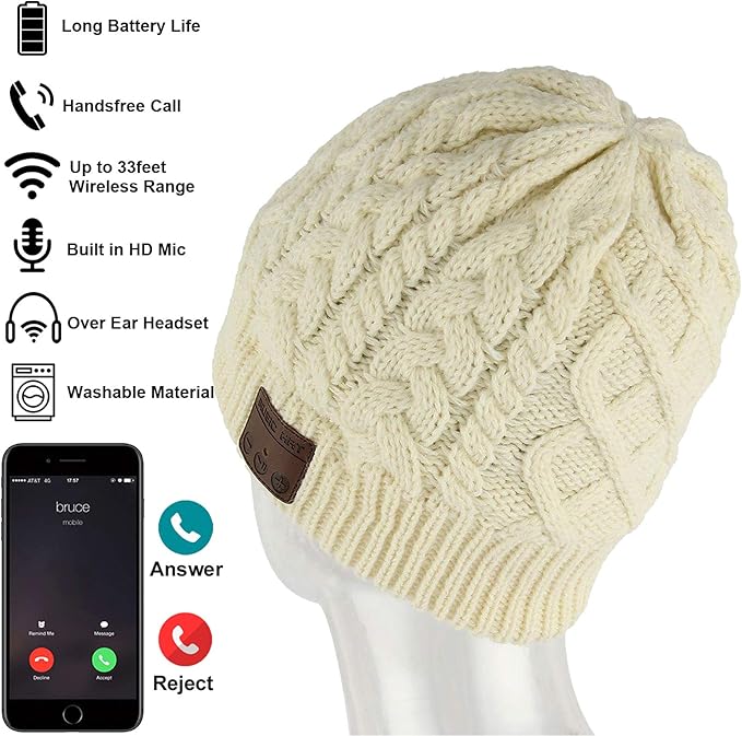 Wireless Beanie Hat for Men Women Wireless Headset Headphones Music Audio Boys Girls Winter Cap with Speaker Mic Hands Free Outdoor Sport Stereo Earphone Earpieces Warm White