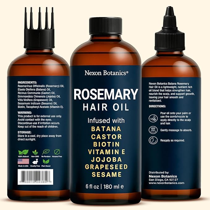 Rosemary Oil for Hair Growth 6 fl oz - Nourishing Blend for Frizz Control, Scalp Refresh & Stronger Hair - Aceite de Romero Para el Cabello - Nexon Botanics