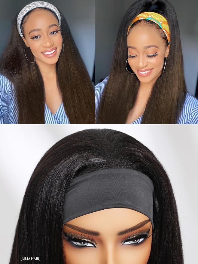 Julia Hair 12A Headband Wig Human Hair Yaki Straight Glueless None Lace Half Wig With Pre-attached Scarf Ombre Chestnut Brown Highlight With Dark Roots for Black Women Put on and Go 20 Inch