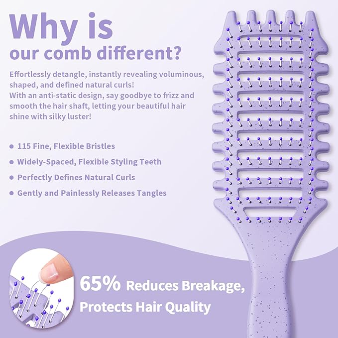 Curl Defining Brush, 4-in-1 Curly Hair Brush – Flexible Styling Brushes for Women and Men, Curls Detangling Hairbrush Featuring a Crescent Shape and Ultra-Smooth Bristles for Wet & Dry Hair - Purple