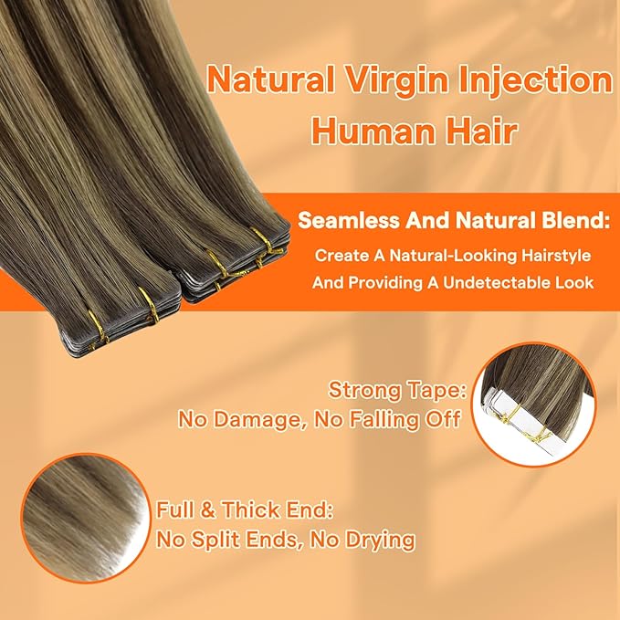 Full Shine Seamless Machine Remy Virgin Extensions Human Hair Color BM Injection Tape in Extensions 20Gram Invisible Skin Weft Tape in Hair Extensions Human Hair 14Inch 10Pcs For Wedding