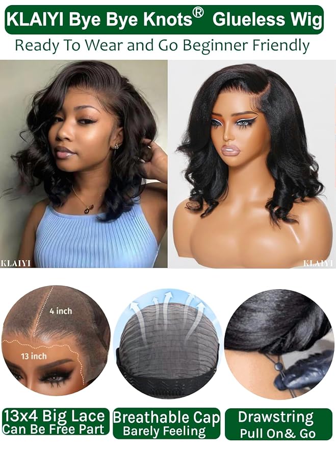 KLAIYI Light Yaki Straight Bob Loose Wave Pre Everything 13x4 Lace Front Wigs Human Hair Precut Lace Pre Plucked Bleached Glueless Wear and Go Wigs for Women Bye Bye Knots Wig Beginner Friendly 10Inch