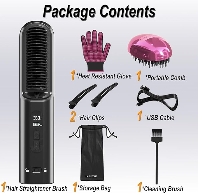 Hair Straightener Brush Cordless, 30s Fast Heating 300Million Negative Ions Hair Straightening Comb Frizz-Free with 6 Temps, 10000mAh Rechargeable Battery Portable for Women Travel Quick Touch-ups