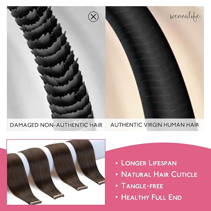 WENNALIFE Tape in Hair Extensions Human Hair Chocolate Brown Tape in Extensions, 10pcs 30g 20 inch Remy Invisible Tape Ins Straight Soft Real Human Hair Tape in Extensions Refill Set Extensions