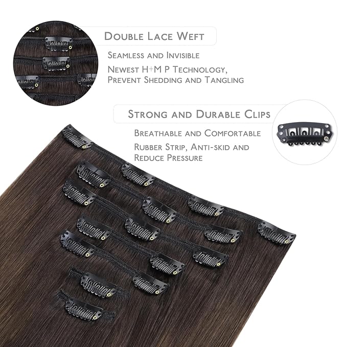 WENNALIFE Clip in Hair Extensions Real Human Hair, 22 Inch 130g 7pcs Remy Hair, Ombre Dark Brown to Light Chestnut Brown Straight Natural Extensiones De Cabello Humano Con Clip Ins