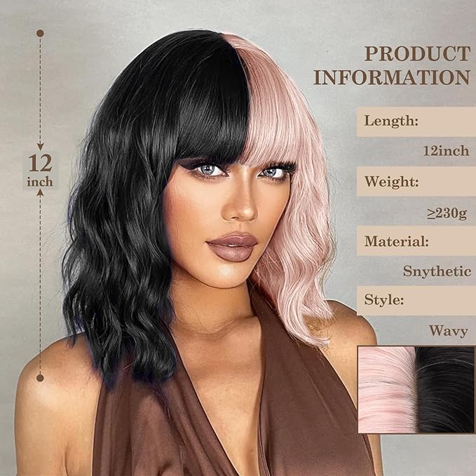 MISSQUEEN Short Black and Light Pink Wavy Wig with Bangs for Women Heat Resistant Synthetic Hair Two Color Cosplay Party Costume Wig Halloween Wig