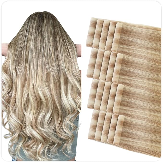 SUYYA Invisible Tape in Hair Extensions Human Hair Seamless Injected Hand-Tied Pro Quality Virgin Human Hair Tape Ins Ash Blonde Highlighted Bleach Blonde 20PCS 40G/Pack Straight(16 inch #P18/613)