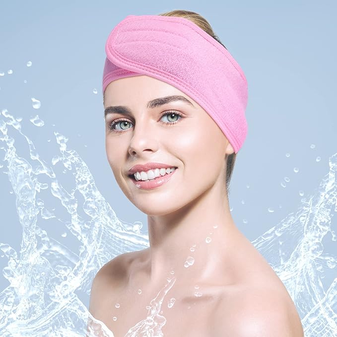 Hoteam 30 Pack Spa Headband Facial Esthetician Hair Wrap for Women Adjustable Makeup Sports Shower Stretch Towel with Tape(Pink)