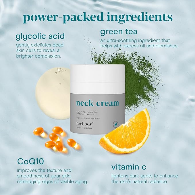Baebody Firming Neck Cream with AHAs, CoQ10, Glycolic Acid, Green Tea for Sagging Skin, Fine Lines, Wrinkles, 1.7 Fl Oz