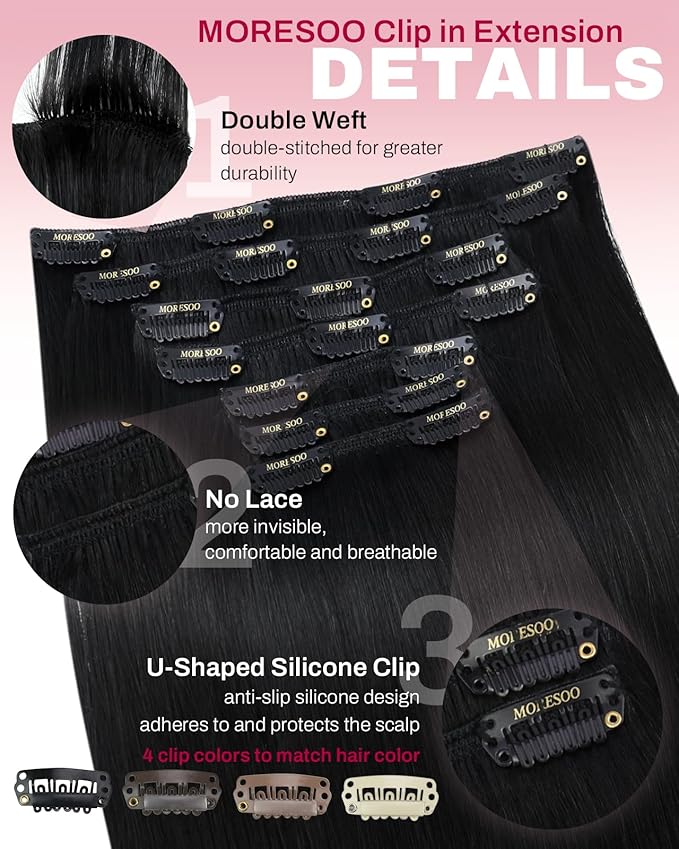 Moresoo Black Clip in Hair Extensions 24 inch Jet Black Remy Human Hair Extensions Clip ins Straight Double Weft for Women Thick 150g/7pcs 24in