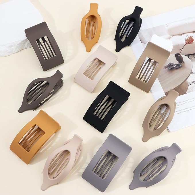 Velscrun Flat Hair Clips for Women Girls, 12 Pack Lay Flat Claw Clips, Large Side French Duck Billed Hair Jaw Claw Clip for All Hair Types, Work Daily Trendy Fashion Styling Gifts Hair Clip Brown
