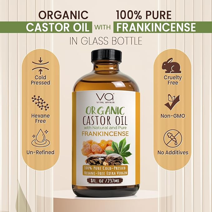 VITAL AFFAIR Organic Castor & Frankincense Oil Blend - 100% Pure and Natural, Cold Pressed, Unrefined Glass Bottle Castor and Frankincense Oil For Face & Hair Growth - 8oz