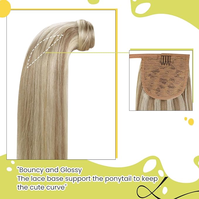RUNATURE Ponytail Extension Real Human Hair, Natural Remy Hair Ponytail, One Piece Hair Extensions Ponytail, Easy to Install, Daily Wearing, 18 Inch 80g #8P60 Light Brown Highlight Platinum Blonde